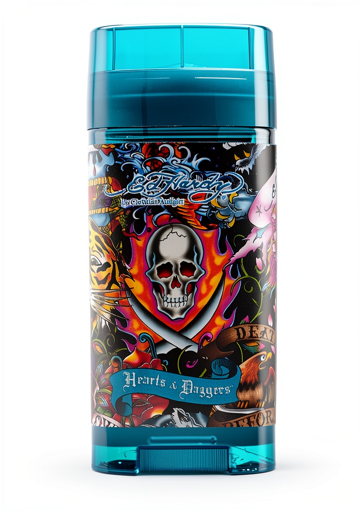 'Parfum Christian Audigier cœur poignard sur une table en bois'